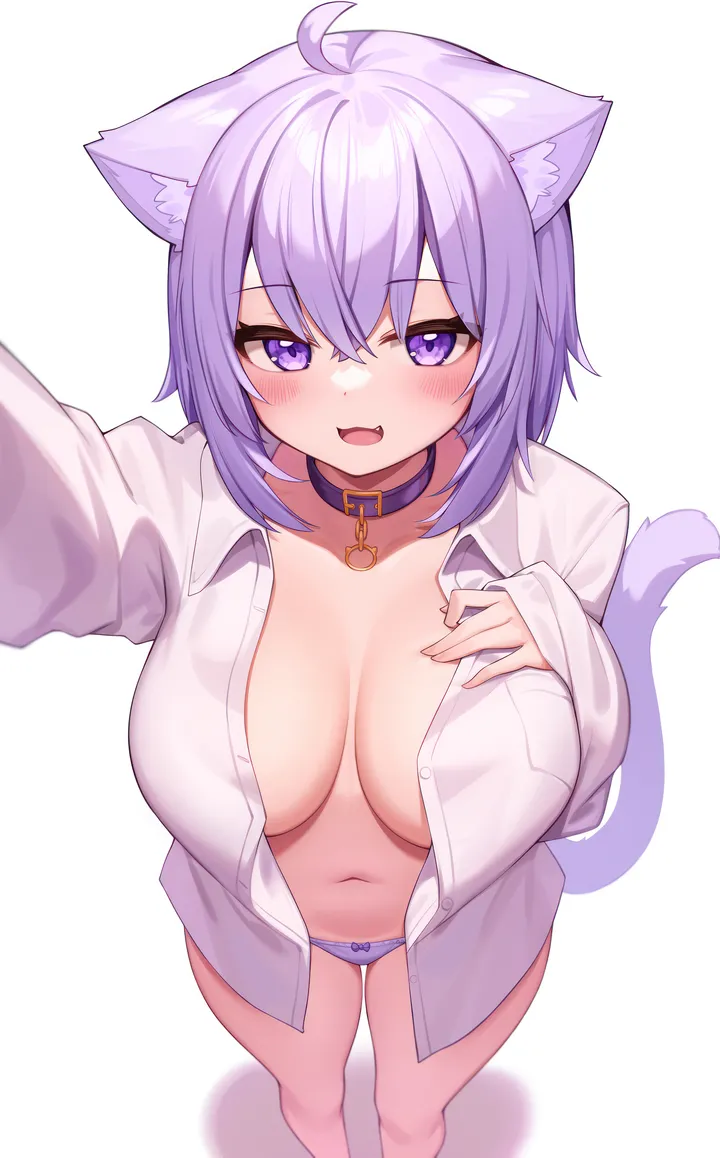 1girl,virtual_youtuber,breasts,crossed_bangs,animal_ears,underwear,panties,bangs,solo,ahoge,tail,hair_between_eyes,open_mouth,hand_on_own_chest,collared_shirt,simple_background,no_bra,cat_girl,cat_tail,cat_ears,white_background,white_shirt,looking_at_viewer,short_hair,vertical,standing,smile,purple_panties,purple_hair,purple_eyes,animal_ear_fluff,navel,blush,selfie,fang,skin_fang,shirt,dress_shirt,open_clothes,open_shirt,large_breasts,long_sleeves,collar