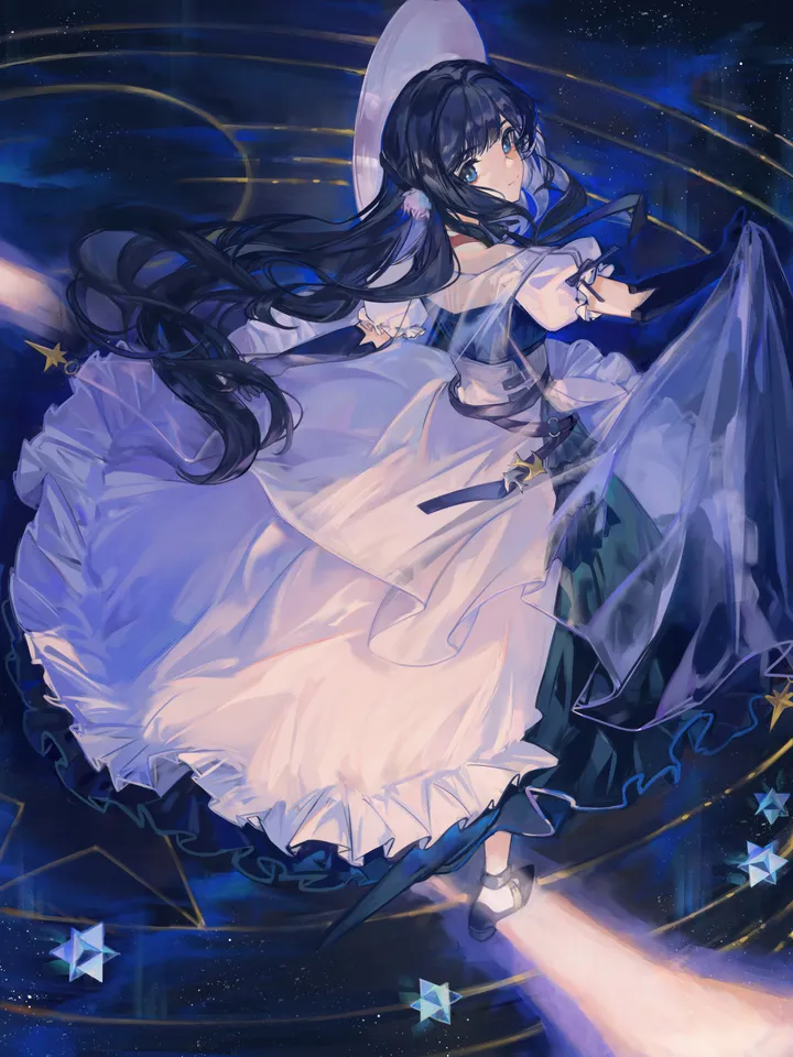 1girl,full_body,bangs,solo,looking_back,sky,official_alternate_costume,hat,very_long_hair,gloves,skirt_hold,star_symbol,star_sky,starry_sky,starry_background,white_headwear,white_dress,looking_at_viewer,short_sleeves,vertical,blue_hair,blue_eyes,puffy_sleeves,dress,long_hair,elbow_gloves,black_gloves,black_footwear