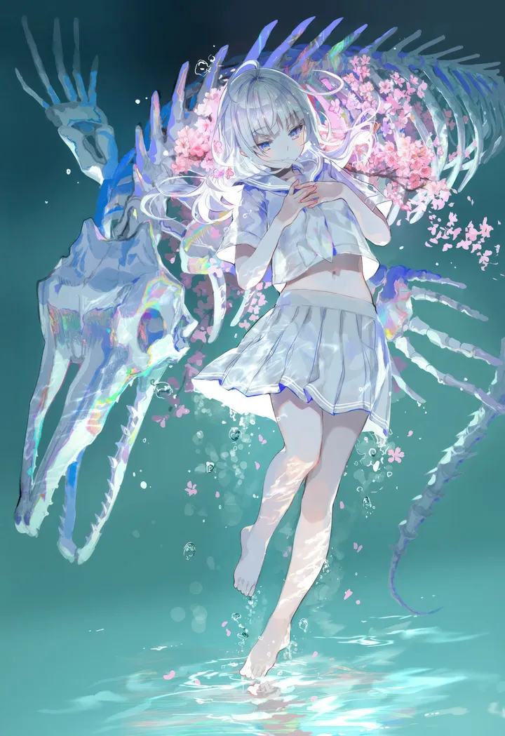 1girl,neckerchief,full_body,bangs,solo,closed_mouth,nail_polish,school_uniform,water,underwater,serafuku,sailor_collar,bubble,white_hair,white_serafuku,white_sailor_collar,white_skirt,white_shirt,pleated_skirt,looking_at_viewer,short_sleeves,skirt,vertical,pink_flower,navel,petals,blue_eyes,shirt,bare_legs,barefoot,miniskirt,long_hair,midriff,floating_hair,skeleton,flower