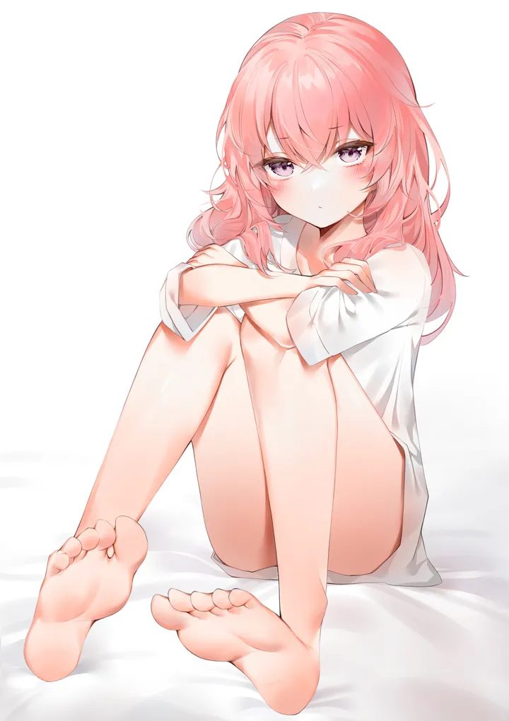 1girl,crossed_bangs,crossed_arms,bangs,solo,legs,closed_mouth,sitting,thighs,bed_sheet,hair_between_eyes,knees_up,simple_background,foreshortening,borrowed_garments,foot_focus,white_background,white_shirt,looking_at_viewer,short_sleeves,vertical,pink_hair,pink_eyes,purple_eyes,feet,soles,toes,blush,shirt,naked_shirt,bare_legs,barefoot,long_hair