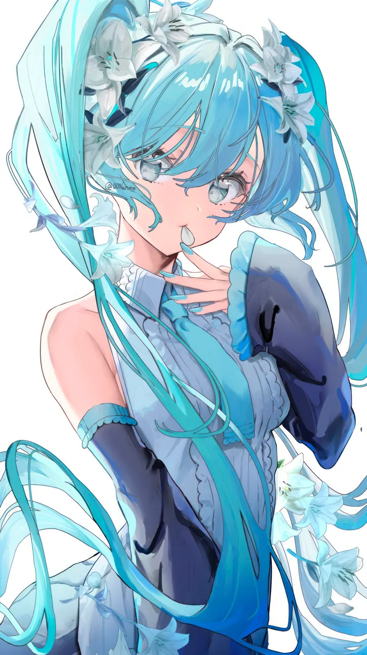 1girl,detached_sleeves,breasts,upper_body,bangs,solo,twintails,hair_flower,hair_ornament,hair_between_eyes,very_long_hair,hand_up,nail_polish,sleeveless,sleeveless_shirt,collared_shirt,simple_background,aqua_hair,aqua_necktie,mouth_hold,white_background,white_flower,white_shirt,looking_at_viewer,skirt,vertical,petals,frills,frilled_shirt,blue_hair,blue_nails,blue_eyes,blue_necktie,shirt,sleeves_past_wrists,long_hair,long_sleeves,bare_shoulders,necktie,flower,black_skirt,black_sleeves