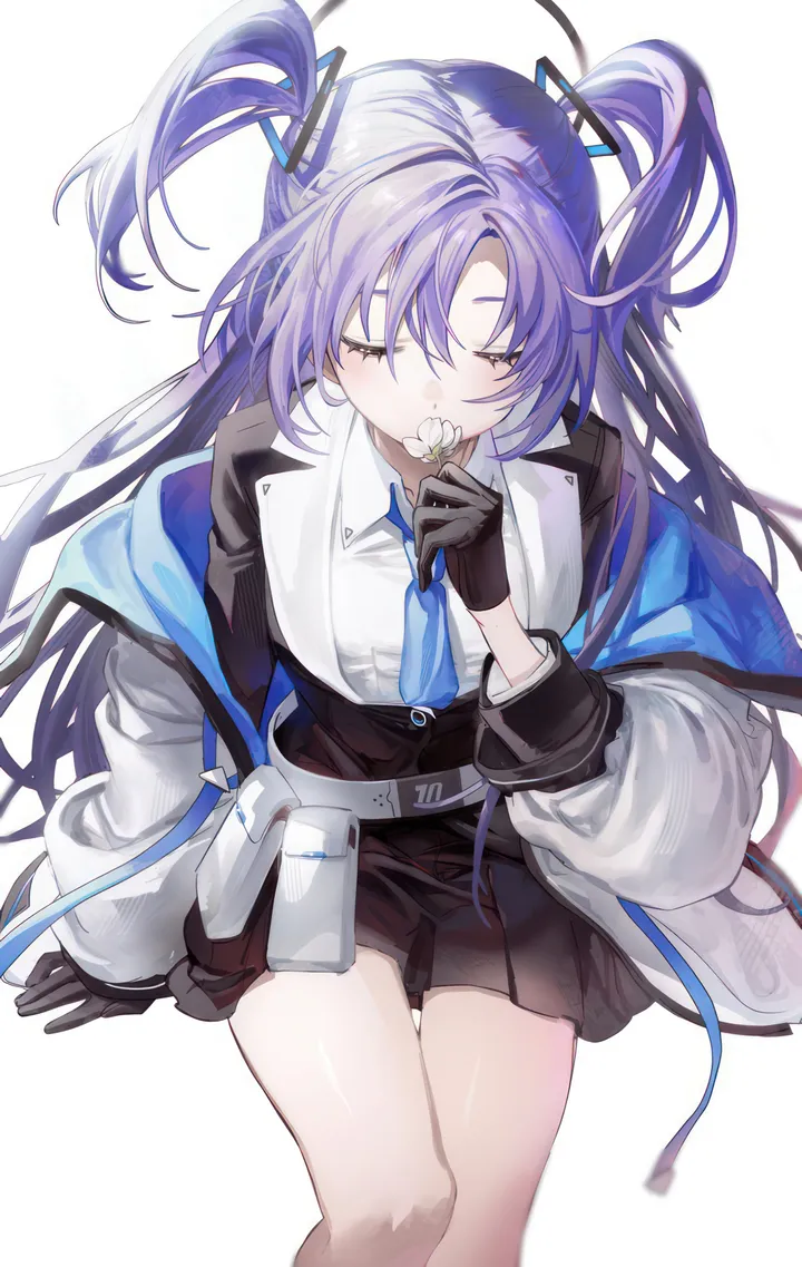 1girl,parted_bangs,bangs,half_gloves,jacket_partially_removed,solo,closed_eyes,two-tone_jacket,sitting,multicolored_jacket,multicolored_clothes,thighs,halo,jacket,two_side_up,gloves,holding,holding_flower,collared_shirt,simple_background,formal,white_jacket,white_background,white_belt,white_shirt,pleated_skirt,belt,skirt,vertical,purple_hair,belt_pouch,blue_necktie,shirt,suit,open_jacket,open_clothes,pouch,miniskirt,long_hair,long_sleeves,off_shoulder,necktie,flower,black_jacket,black_gloves,black_skirt