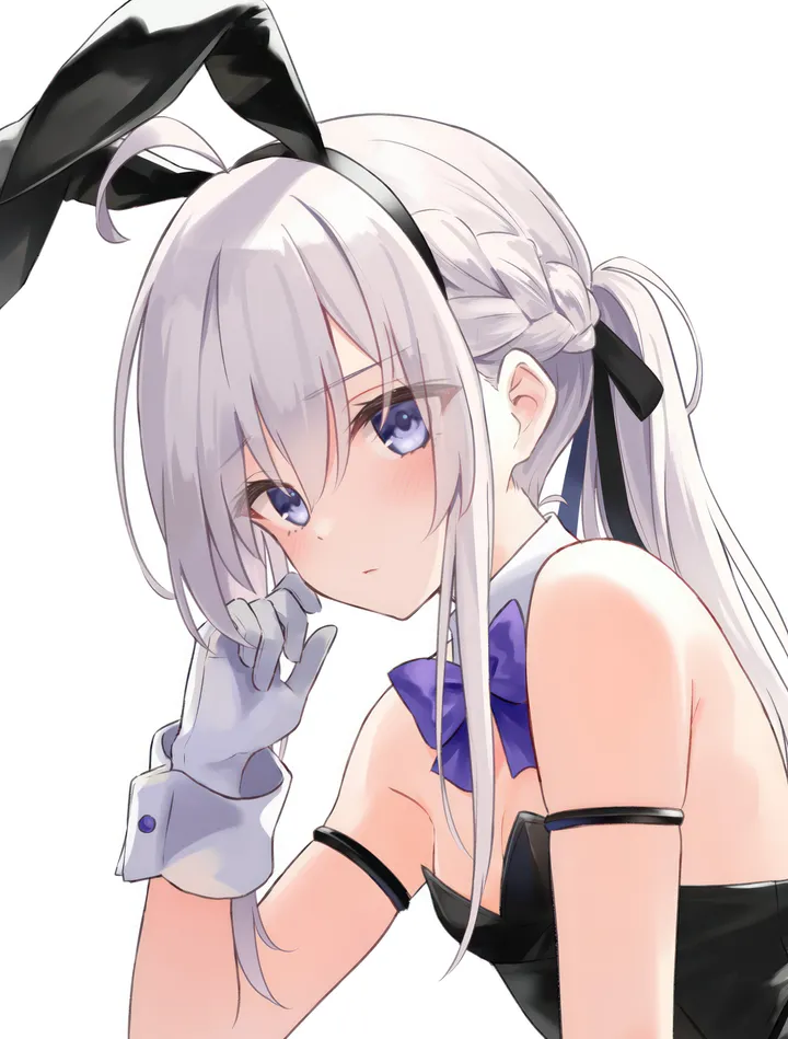 1girl,braid,ribbon,breasts,upper_body,playboy_bunny,rabbit_ears,animal_ears,bangs,fake_animal_ears,solo,hairband,ahoge,closed_mouth,sidelocks,hair_between_eyes,gloves,hand_up,strapless,strapless_leotard,simple_background,white_hair,white_gloves,white_background,looking_at_viewer,vertical,wrist_cuffs,leotard,purple_ribbon,purple_bow,purple_bowtie,blush,blue_eyes,bow,small_breasts,long_hair,bare_shoulders,bowtie,detached_collar,ponytail,black_hairband,black_leotard