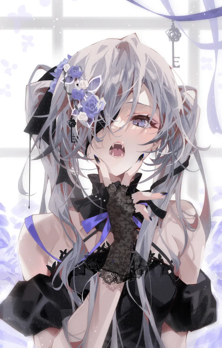 1girl,one_eye_covered,ribbon,upper_body,bangs,solo,twintails,fangs,hair_flower,hair_ribbon,hair_ornament,hair_over_one_eye,open_mouth,gloves,nail_polish,fingerless_gloves,grey_hair,grey_eyes,rose,looking_at_viewer,eyepatch,short_sleeves,vertical,purple_nails,blue_eyes,lace,lace_trim,dress,long_hair,bare_shoulders,flower,black_gloves,black_dress