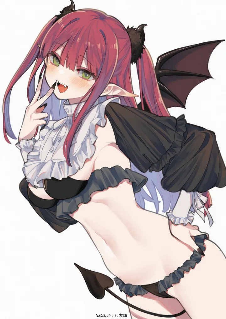 1girl,medium_breasts,breasts,underwear,panties,bangs,solo,hand_on_hip,fangs,pointy_ears,two_side_up,stomach,tail,open_mouth,demon_girl,demon_tail,demon_wings,demon_horns,cosplay,nail_polish,simple_background,v,bikini,swimsuit,teeth,white_background,blunt_bangs,looking_at_viewer,revealing_clothes,vertical,smile,red_hair,green_eyes,wings,navel,blush,frills,frilled_panties,frilled_bikini,frilled_shirt,frilled_shirt_collar,puffy_sleeves,horns,long_hair,long_sleeves,black_nails,black_wings