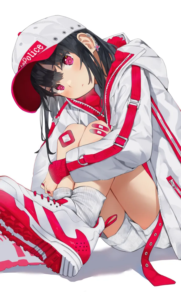 1girl,hood,bangs,bandaid,solo,closed_mouth,sitting,jacket,ribbed_legwear,hat,hugging_own_legs,knees_up,nail_polish,simple_background,baseball_cap,hood_down,jewelry,white_headwear,white_jacket,white_shorts,white_background,white_socks,white_footwear,belt,looking_at_viewer,shorts,piercing,ear_piercing,vertical,pink_eyes,short_shorts,red_eyes,earrings,blush,bandaid_on_leg,bandaid_on_knee,shirt,socks,open_jacket,open_clothes,sneakers,hooded_jacket,long_hair,long_sleeves,shadow,shoes,black_hair