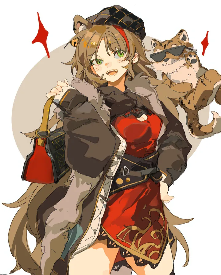1girl,cowboy_shot,chinese_clothes,medium_breasts,breasts,animal_ears,animal,bag,solo,hand_on_hip,sunglasses,coat,multicolored_hair,jacket,official_alternate_costume,hat,open_mouth,very_long_hair,handbag,holding,streaked_hair,holding_bag,open_coat,simple_background,brown_hair,white_background,looking_at_viewer,vertical,smile,red_hair,red_dress,green_eyes,tiger_ears,clothing_cutout,open_jacket,open_clothes,thighhighs,dress,long_hair,long_sleeves,cleavage_cutout,black_headwear,black_jacket,black_thighhighs
