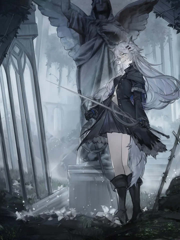 1girl,scar,full_body,animal_ears,bangs,sword,solo,knee_boots,dual_wielding,hairclip,coat,hair_ornament,jacket,official_alternate_costume,tail,ruins,outdoors,gloves,holding_sword,holding_weapon,holding,open_coat,tree,weapon,grey_hair,grey_eyes,wolf_girl,wolf_tail,wolf_ears,white_hair,white_flower,scar_across_eye,skirt,vertical,standing,scar_on_face,open_clothes,dress,long_hair,long_sleeves,boots,statue,flower,black_coat,black_jacket,black_gloves,black_skirt,black_dress,black_footwear