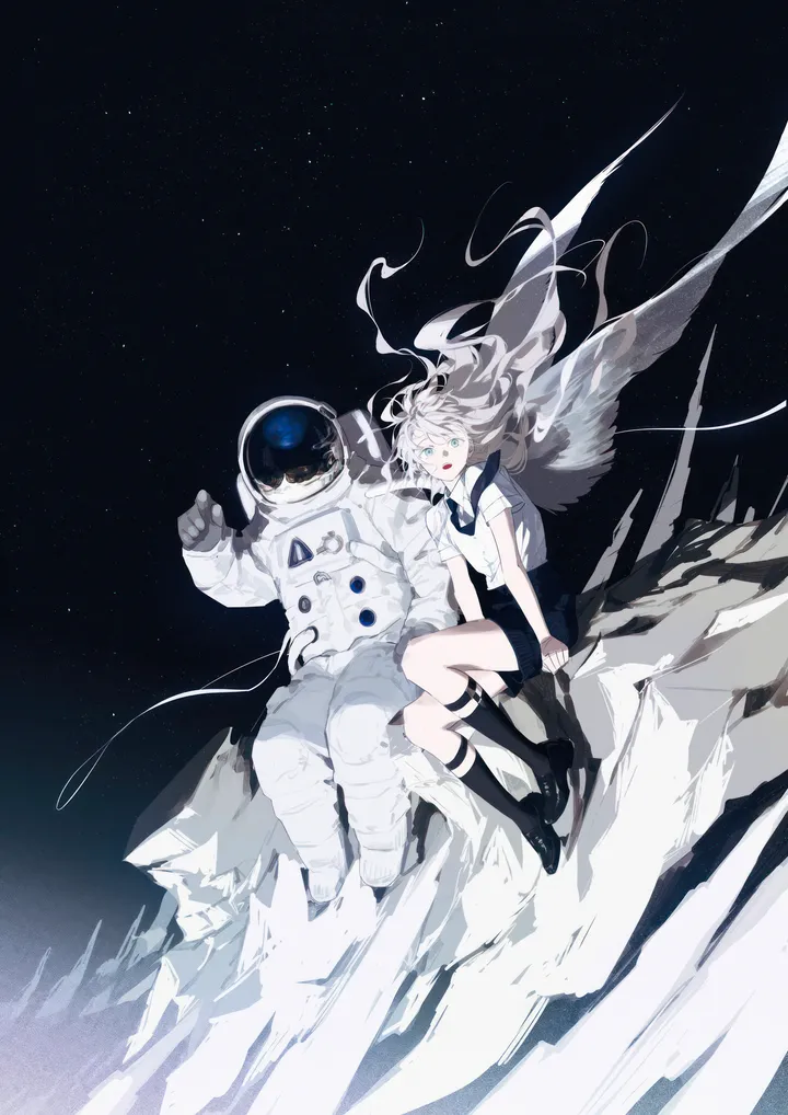 1girl,1other,bangs,kneehighs,sitting,sky,space_helmet,space,astronaut,spacesuit,open_mouth,star_sky,starry_sky,collared_shirt,floating,grey_hair,white_hair,white_shirt,shorts,vertical,wings,blue_eyes,shirt,socks,long_hair,necktie,floating_hair,black_footwear,black_necktie