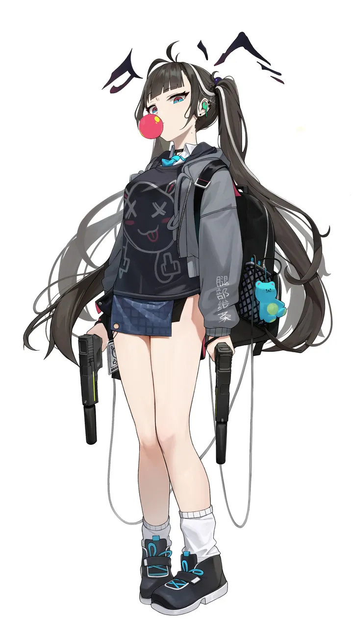 1girl,antenna_hair,breasts,full_body,bangs,bag,solo,dual_wielding,backpack,twintails,chewing_gum,bubble_blowing,ahoge,halo,jacket,very_long_hair,holding_weapon,handgun,holding_gun,holding,earphones,collared_shirt,simple_background,gun,weapon,white_background,white_socks,looking_at_viewer,skirt,vertical,standing,blue_eyes,shirt,socks,sneakers,long_hair,long_sleeves,shoes,necktie,black_hair,black_footwear