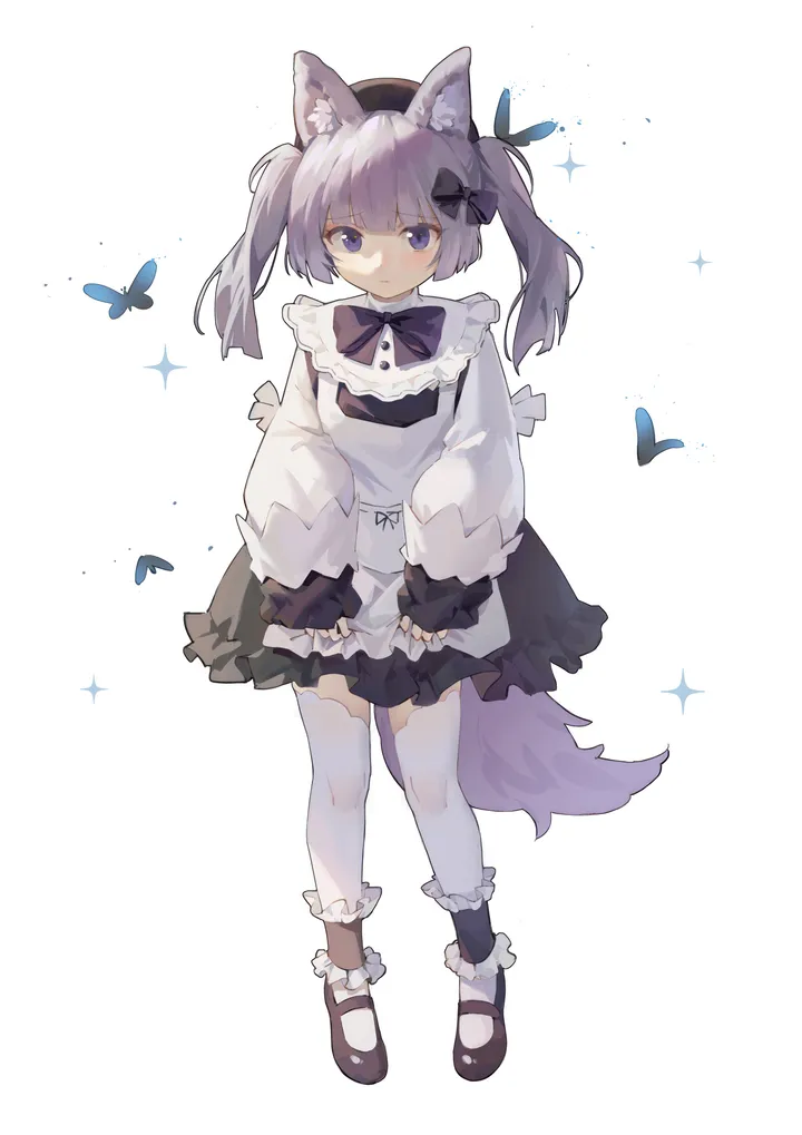 1girl,full_body,animal_ears,bangs,solo,twintails,closed_mouth,apron,tail,hat,simple_background,grey_hair,white_background,white_thighhighs,looking_at_viewer,vertical,standing,purple_hair,purple_eyes,animal_ear_fluff,frills,blue_eyes,puffy_sleeves,puffy_long_sleeves,bug,butterfly,bow,hair_bow,sleeves_past_wrists,thighhighs,dress,long_hair,long_sleeves,shoes,black_headwear,black_bow,black_dress,black_footwear