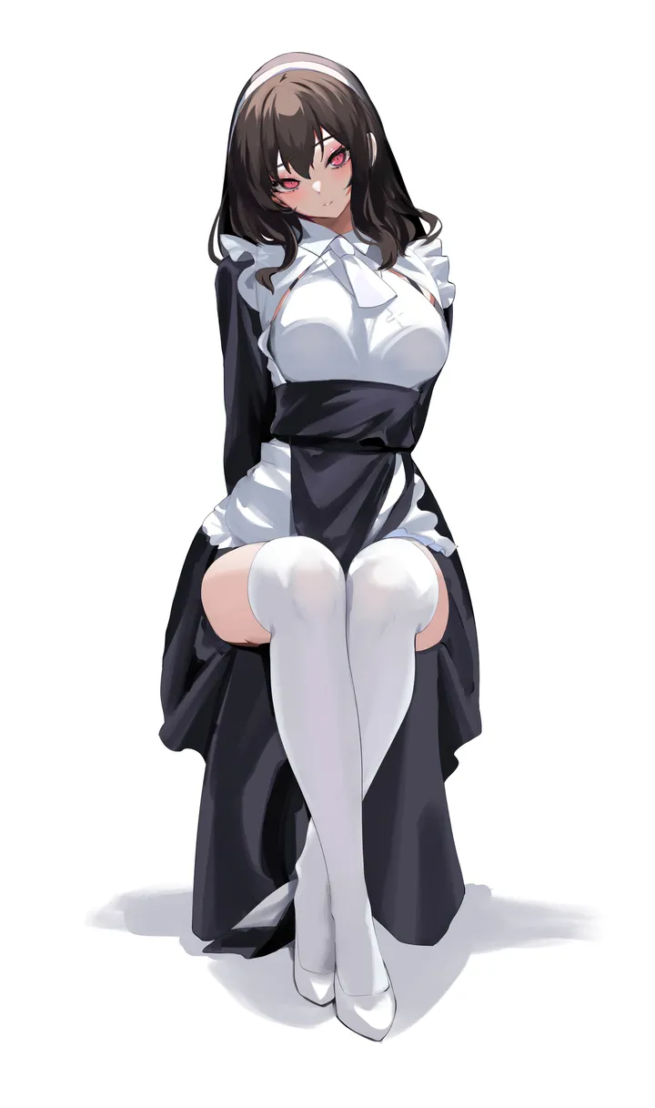 1girl,breasts,full_body,bangs,solo,arms_behind_back,hairband,apron,sitting,maid,parted_lips,simple_background,brown_hair,white_hairband,white_background,white_thighhighs,white_footwear,looking_at_viewer,vertical,red_eyes,blush,large_breasts,thighhighs,dress,long_hair,long_sleeves,black_dress