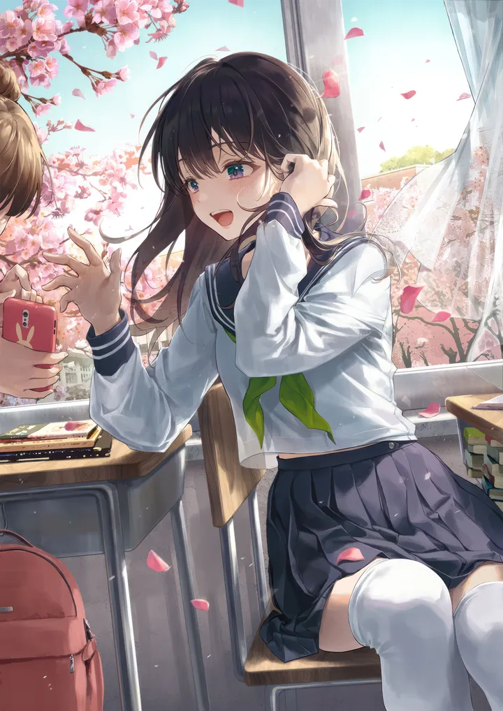 2girls,neckerchief,book,desk,bangs,bag,solo_focus,backpack,sitting,multiple_girls,indoors,open_mouth,midriff_peek,phone,holding_phone,holding,classroom,smartphone,tree,school_uniform,brown_hair,chair,cherry_blossoms,serafuku,sailor_collar,hand_in_own_hair,day,white_shirt,pleated_skirt,skirt,cellphone,window,curtains,vertical,smile,zettai_ryouiki,blush,petals,blue_sailor_collar,blue_eyes,blue_skirt,shirt,school_desk,school_chair,thighhighs,long_hair,long_sleeves,wind,black_skirt