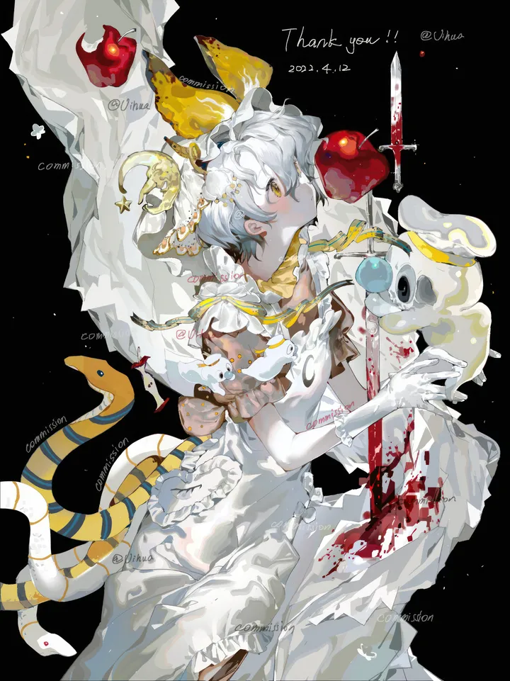 1girl,solo,hair_ornament,knife,hair_between_eyes,parted_lips,gloves,crescent,simple_background,blood_on_weapon,fruit,white_hair,white_gloves,white_dress,short_hair,short_sleeves,vertical,frills,english_text,apple,snake,blood,blood_on_clothes,dress,food,yellow_eyes,black_background