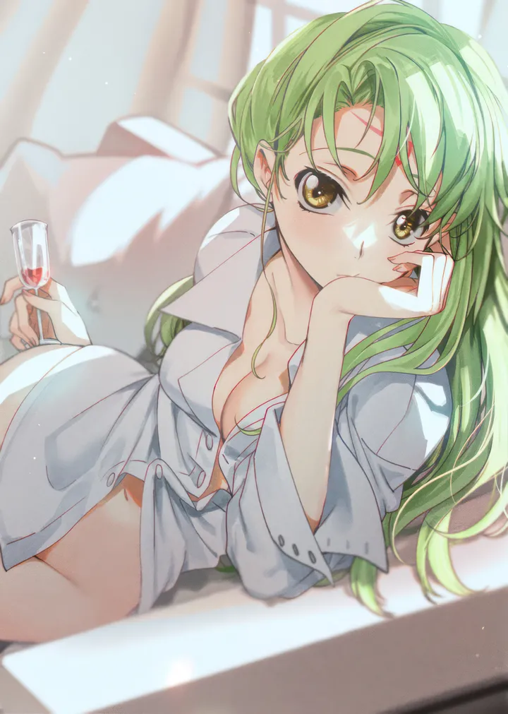 1girl,no_panties,medium_breasts,breasts,cleavage,on_side,bangs,solo,closed_mouth,indoors,holding_cup,head_rest,hand_on_own_cheek,hand_on_own_face,holding,collared_shirt,cup,pillow,couch,jewelry,white_shirt,looking_at_viewer,vertical,wine_glass,green_hair,earrings,groin,blush,wine,shirt,naked_shirt,bottomless,dress_shirt,lying,alcohol,drinking_glass,collarbone,long_hair,long_sleeves,yellow_eyes