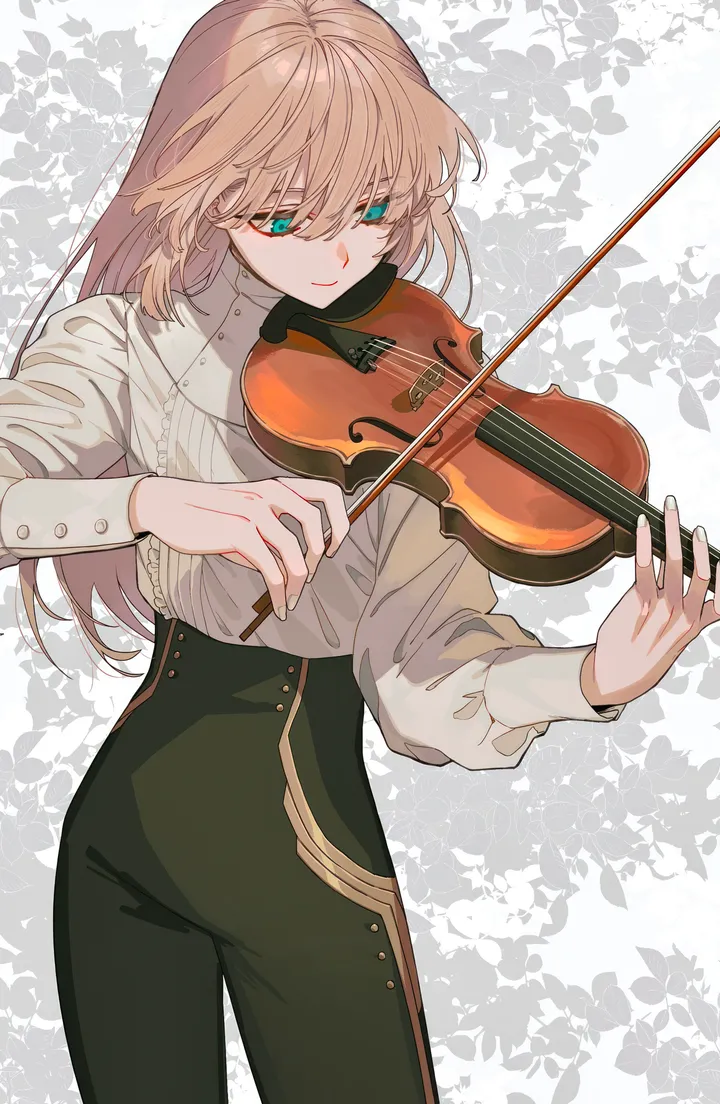 1girl,instrument,looking_down,bangs,solo,closed_mouth,violin,hair_between_eyes,holding_instrument,holding,aqua_eyes,playing_instrument,bow_music,white_background,white_shirt,vertical,smile,blue_eyes,shirt,pants,blonde_hair,long_hair,long_sleeves,music,high-waist_pants,black_pants