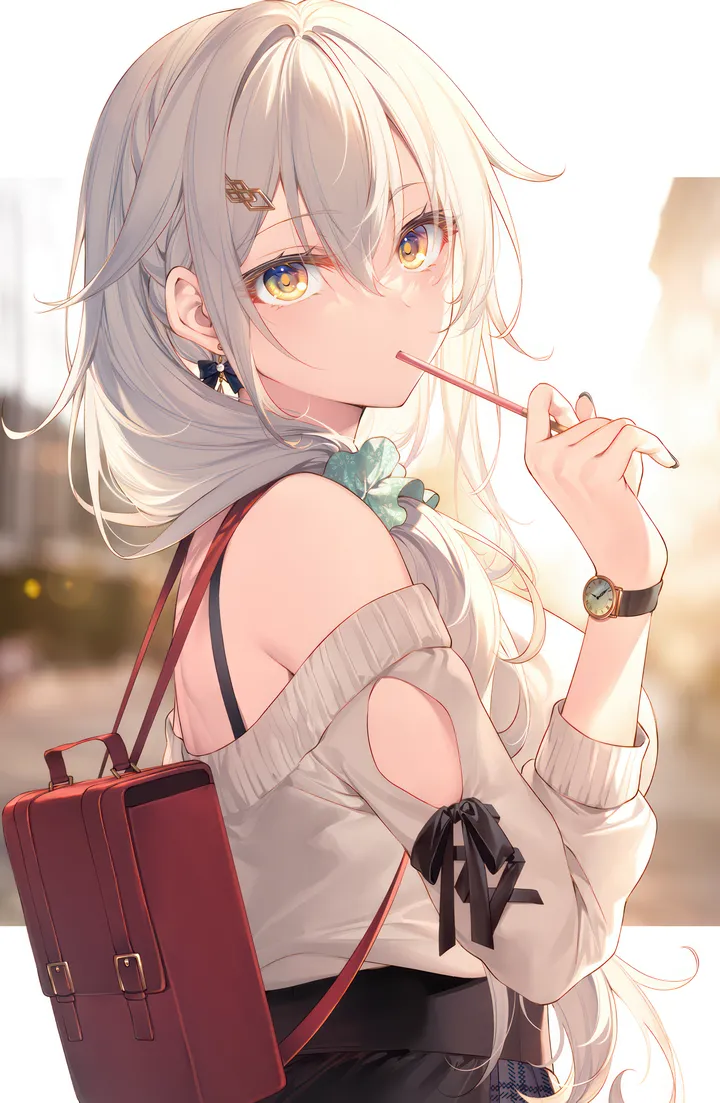 1girl,braid,upper_body,from_side,bangs,bag,solo,shoulder_bag,hairclip,hair_scrunchie,hair_ornament,hair_between_eyes,wristwatch,scrunchie,hair_over_shoulder,hand_up,holding,holding_food,blurry,blurry_background,sweater,jewelry,white_hair,white_sweater,pocky,looking_at_viewer,skirt,vertical,earrings,watch,bow,clothing_cutout,long_hair,long_sleeves,bare_shoulders,off_shoulder,off-shoulder_sweater,food,yellow_eyes,black_skirt,black_bow