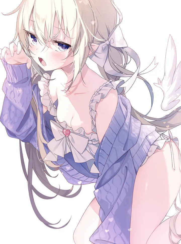 1girl,breasts,cleavage,low_twintails,underwear,bangs,solo,twintails,claw_pose,angel_wings,pointy_ears,hair_between_eyes,open_mouth,very_long_hair,hand_up,simple_background,sweater,white_background,white_bow,looking_at_viewer,vertical,wings,blush,frills,blue_eyes,fang,bow,hair_bow,open_clothes,small_breasts,blonde_hair,collarbone,long_hair,long_sleeves,bare_shoulders,off_shoulder