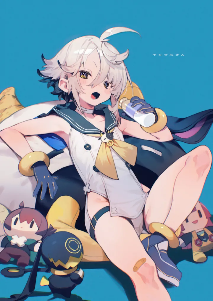 1girl,neckerchief,bangs,bandaid,solo,knee_up,ahoge,sitting,multicolored_hair,thigh_strap,hair_between_eyes,open_mouth,gloves,holding,holding_bottle,sleeveless,simple_background,stuffed_toy,sailor_collar,grey_hair,milk_bottle,jewelry,bottle,white_hair,white_dress,looking_at_viewer,short_hair,vertical,blue_background,blue_footwear,character_doll,dress,bare_shoulders,choker,yellow_neckerchief,yellow_eyes