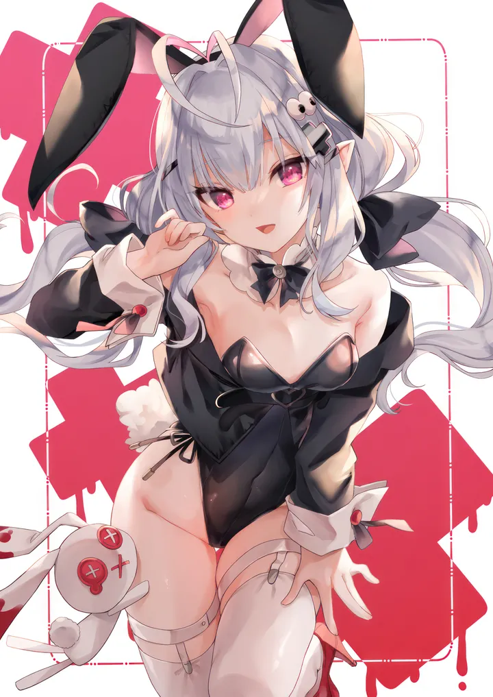 1girl,antenna_hair,breasts,cleavage,playboy_bunny,rabbit_tail,rabbit_ears,animal_ears,bangs,fake_animal_ears,solo,twintails,hairclip,thighs,thigh_strap,hair_ornament,jacket,pointy_ears,tail,open_mouth,heart,hand_up,strapless,strapless_leotard,stuffed_bunny,stuffed_animal,stuffed_toy,grey_hair,white_collar,white_thighhighs,looking_at_viewer,vertical,smile,pink_eyes,leotard,red_footwear,groin,bow,hair_bow,open_jacket,open_clothes,small_breasts,thighhighs,long_hair,long_sleeves,covered_navel,bare_shoulders,off_shoulder,collar,bowtie,detached_collar,highleg,highleg_leotard,high_heels,black_jacket,black_bow,black_leotard,black_bowtie