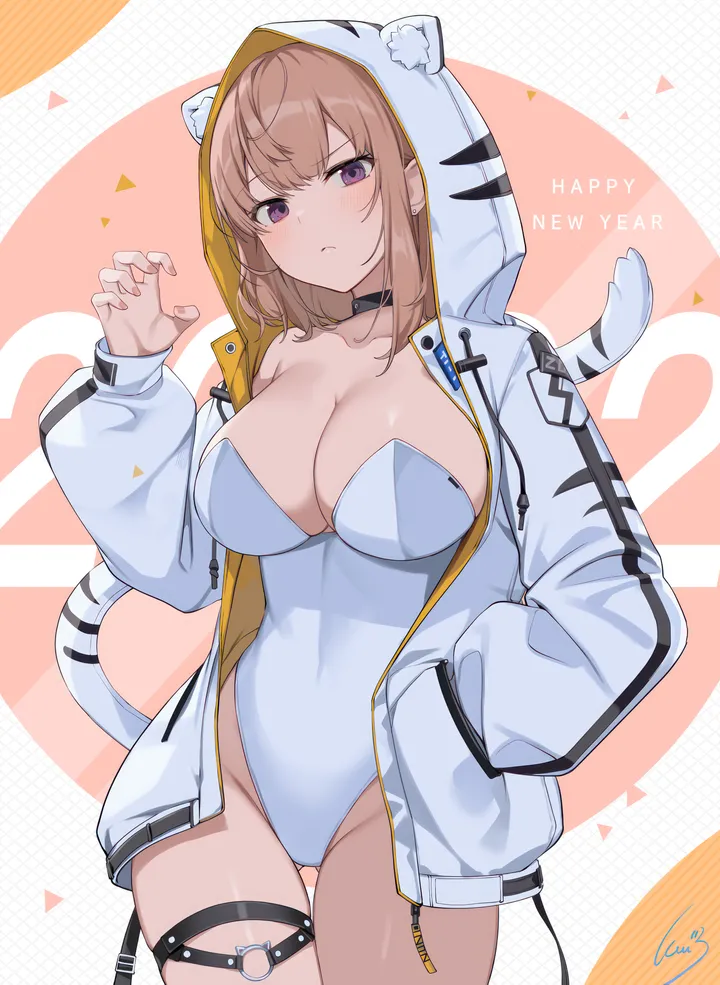 1girl,cowboy_shot,breasts,cleavage,hood,animal_ears,animal_hood,bangs,chinese_zodiac,solo,claw_pose,closed_mouth,thigh_strap,thigh_gap,jacket,tail,hood_up,hand_in_pocket,hand_up,new_year,happy_new_year,strapless,strapless_leotard,brown_hair,white_jacket,white_leotard,looking_at_viewer,vertical,leotard,purple_eyes,blush,puffy_long_sleeves,tiger_tail,year_of_the_tiger,tiger_print,tiger_ears,open_jacket,open_clothes,large_breasts,hooded_jacket,collarbone,long_sleeves,choker,highleg,highleg_leotard,black_choker