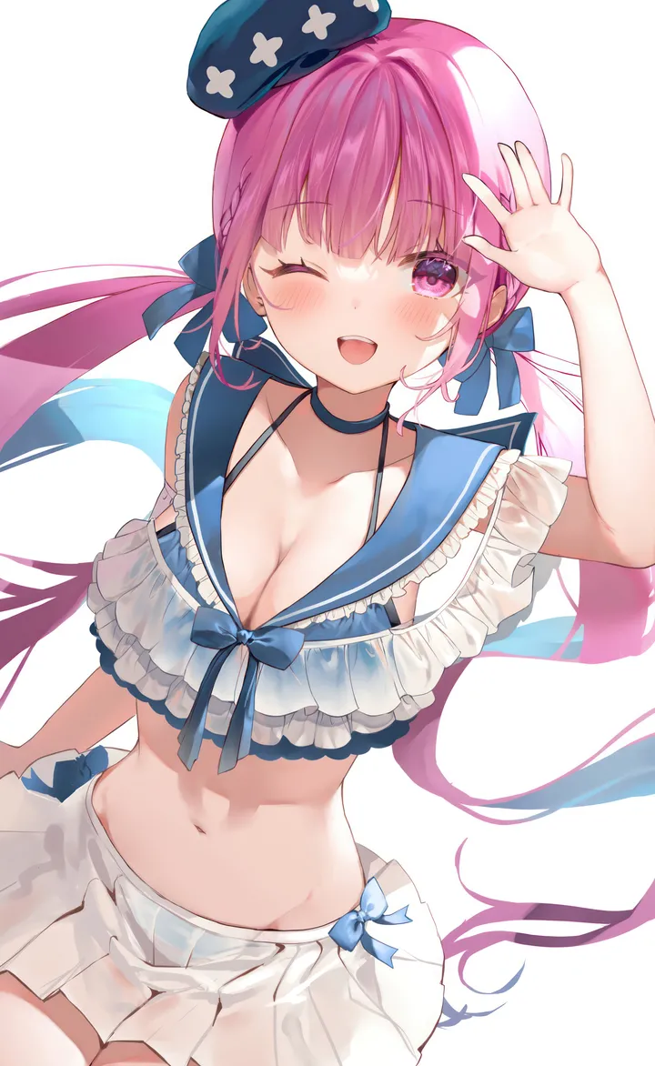 1girl,virtual_youtuber,cowboy_shot,ribbon,arm_up,breasts,cleavage,colored_inner_hair,bangs,see-through,solo,two-tone_hair,twintails,multicolored_hair,hair_ribbon,stomach,frilled_sailor_collar,hat,open_mouth,very_long_hair,hand_up,streaked_hair,simple_background,bikini,sailor_collar,swimsuit,white_skirt,white_background,pleated_skirt,looking_at_viewer,skirt,vertical,smile,pink_hair,pink_eyes,purple_eyes,navel,blush,frills,frilled_bikini,blue_hair,blue_headwear,blue_bikini,blue_bow,blue_choker,bow,hair_bow,beret,large_breasts,miniskirt,collarbone,long_hair,one_eye_closed,choker