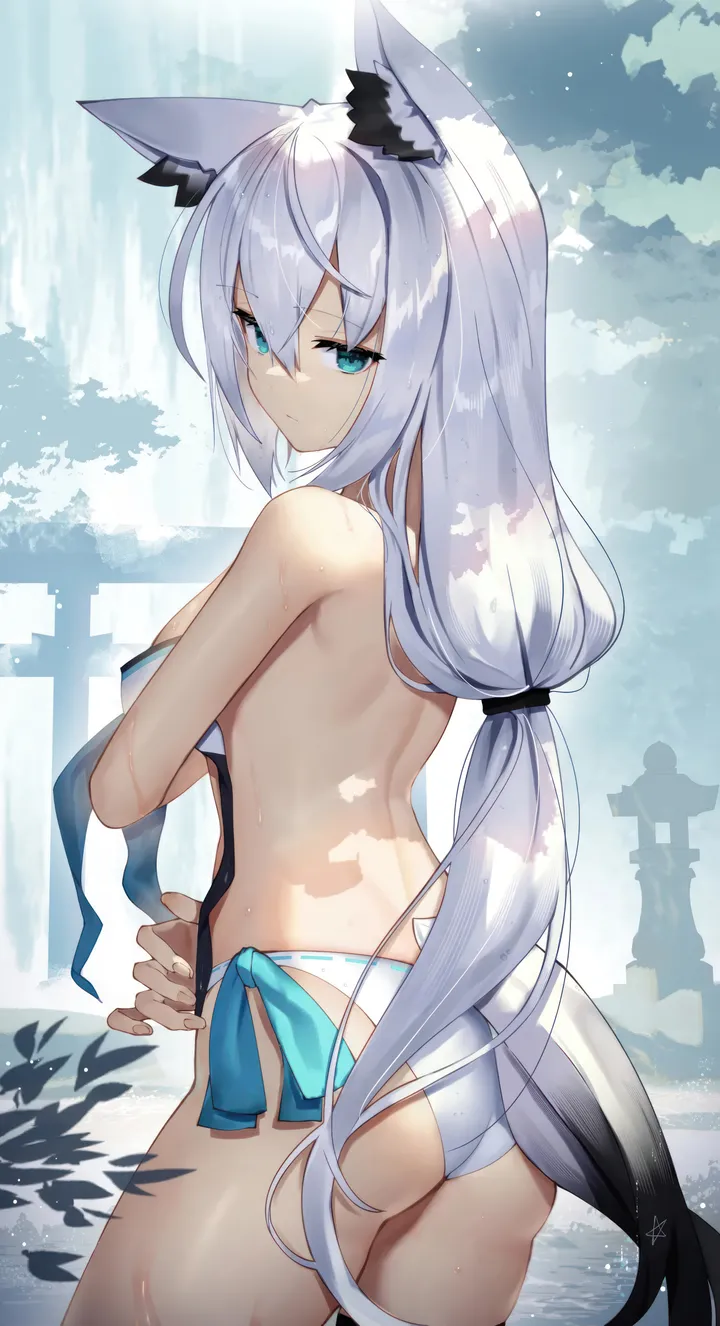 1girl,virtual_youtuber,cowboy_shot,side-tie_bikini_bottom,medium_breasts,breasts,low_ponytail,animal_ears,bangs,solo,back,closed_mouth,looking_back,sidelocks,tail,ass,hair_between_eyes,very_long_hair,outdoors,bikini,water,aqua_eyes,swimsuit,waterfall,fox_girl,fox_tail,fox_ears,white_hair,white_bikini,looking_at_viewer,vertical,standing,animal_ear_fluff,from_behind,blue_eyes,wet,untied_bikini,untied,long_hair,torii