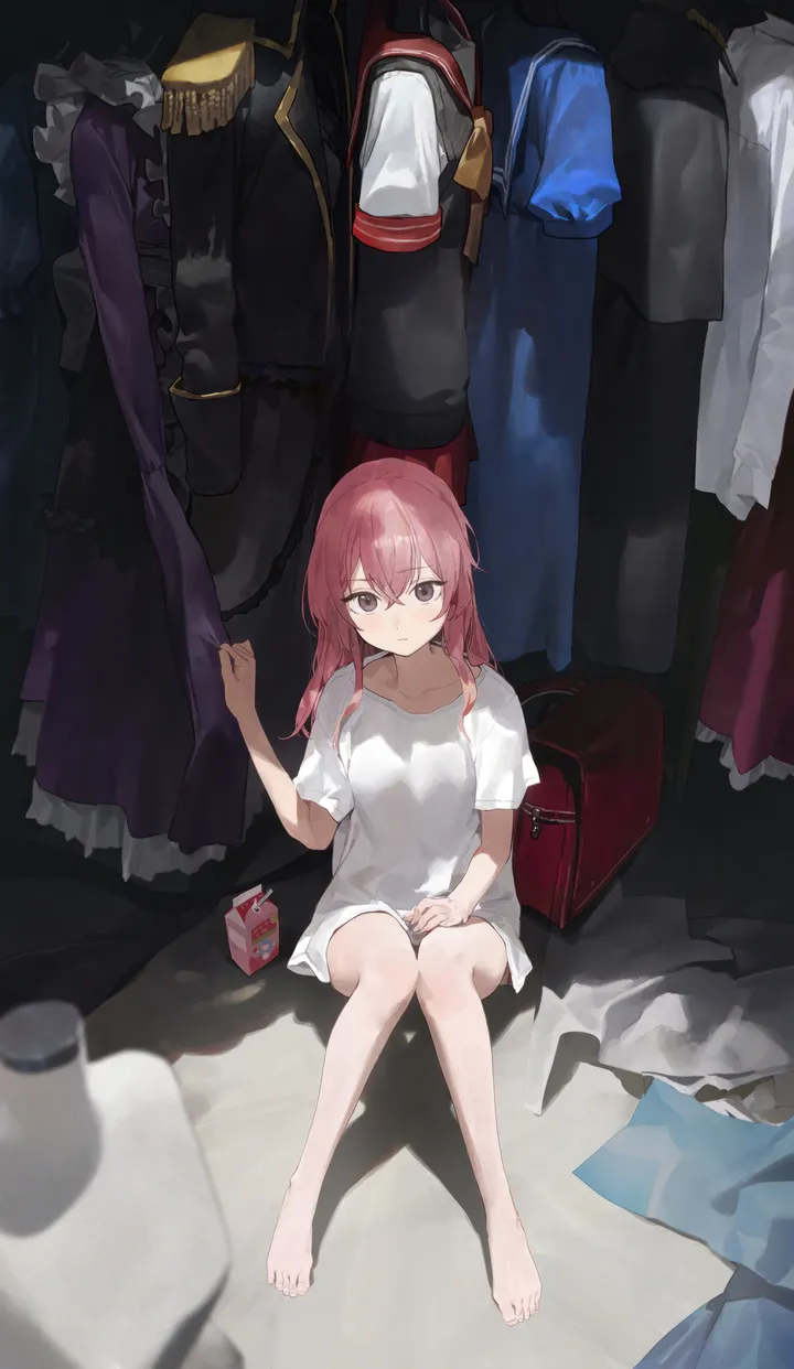 1girl,t-shirt,crossed_bangs,full_body,bangs,bag,solo,backpack,closed_mouth,sitting,indoors,hair_between_eyes,borrowed_garments,white_shirt,looking_at_viewer,short_sleeves,vertical,pink_hair,pink_eyes,clothes,clothes_hanger,shirt,bare_legs,barefoot,dress,collarbone,long_hair