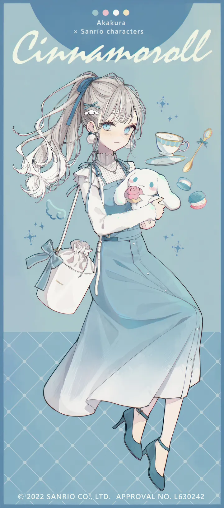 1girl,ribbon,full_body,bangs,bag,solo,hairclip,closed_mouth,sitting,hair_ribbon,hair_ornament,handbag,holding,cup,spoon,light_blue_background,grey_hair,jewelry,belt,looking_at_viewer,vertical,earrings,english_text,teacup,saucer,blue_ribbon,blue_eyes,blue_background,blue_dress,blue_footwear,dress,long_hair,long_sleeves,food,ponytail,high_heels