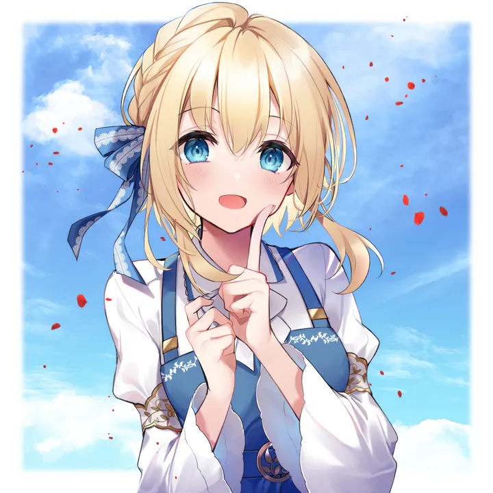 1girl,braid,ribbon,medium_breasts,breasts,cloud,upper_body,bangs,solo,sky,hair_ribbon,wide_sleeves,hair_between_eyes,open_mouth,index_finger_raised,day,white_shirt,looking_at_viewer,vertical,smile,blush,petals,blue_ribbon,blue_apron,blue_sky,blue_eyes,blue_dress,shirt,dress,blonde_hair,long_sleeves