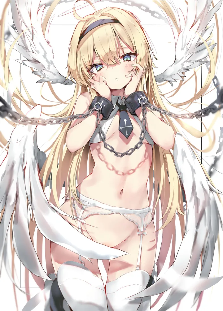 1girl,breasts,solo,hands_on_own_face,hairband,garter_belt,ahoge,angel_wings,hair_between_eyes,very_long_hair,white_wings,white_thighhighs,looking_at_viewer,vertical,convenient_censoring,feathered_wings,wings,navel,blush,blue_eyes,small_breasts,thighhighs,blonde_hair,cuffs,chain,long_hair,necktie,black_hairband