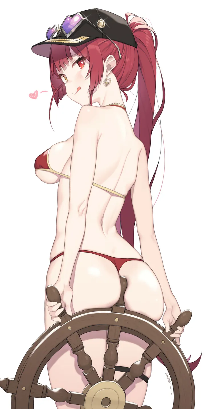 1girl,virtual_youtuber,thong,thong_bikini,cowboy_shot,breasts,sideboob,bangs,solo,back,tongue_out,looking_back,sunglasses,thigh_strap,ass,hat,heterochromia,very_long_hair,heart,heart-shaped_eyewear,heart_earrings,eyewear_on_headwear,holding,simple_background,baseball_cap,bikini,swimsuit,jewelry,white_background,looking_at_viewer,vertical,smile,string_bikini,red_hair,red_bikini,red_eyes,halterneck,earrings,from_behind,blush,tongue,skindentation,large_breasts,long_hair,bare_shoulders,trembling,ponytail,high_ponytail,yellow_eyes,black_headwear