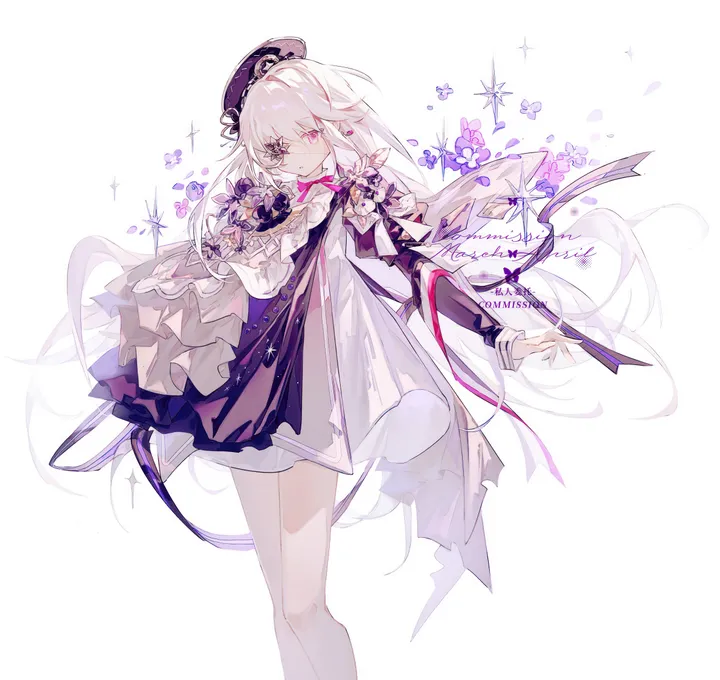 1girl,ribbon,bangs,solo,feet_out_of_frame,closed_mouth,hat,very_long_hair,simple_background,white_hair,white_background,white_dress,looking_at_viewer,eyepatch,vertical,pink_eyes,purple_eyes,purple_flower,frills,dress,long_hair,long_sleeves,flower,black_headwear,black_dress