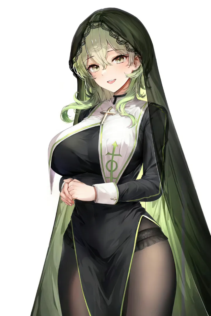 1girl,cowboy_shot,breasts,side_slit,nun,habit,underwear,panties,bangs,solo,own_hands_together,thighs,hair_between_eyes,open_mouth,pelvic_curtain,simple_background,white_background,looking_at_viewer,vertical,standing,smile,green_hair,green_eyes,blush,lace_trim,large_breasts,dress,pantyhose,long_hair,long_sleeves,covered_navel,veil,black_panties,black_dress,black_pantyhose