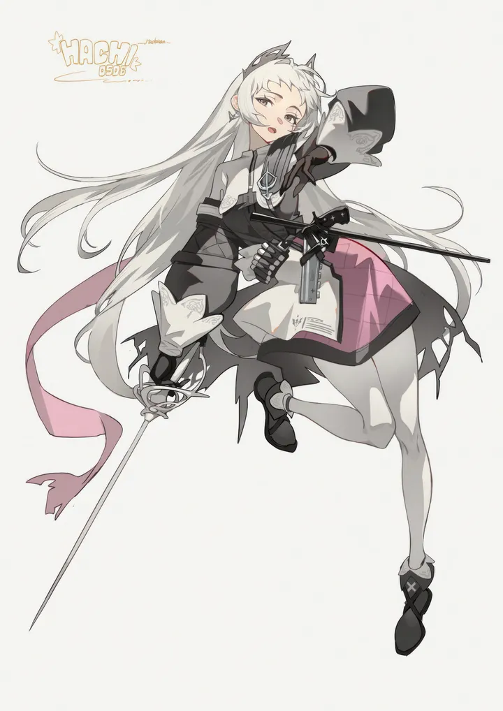 1girl,arm_up,scar,full_body,sword,solo,character_name,head_wings,jacket,open_mouth,very_long_hair,gloves,holding_sword,holding_weapon,holding,simple_background,gun,weapon,grey_hair,grey_eyes,jewelry,white_capelet,white_skirt,white_background,white_pantyhose,looking_at_viewer,scar_across_eye,skirt,ankle_boots,vertical,pink_skirt,purple_skirt,earrings,scar_on_face,puffy_sleeves,puffy_long_sleeves,rapier,pantyhose,long_hair,long_sleeves,boots,black_jacket,black_gloves,black_footwear