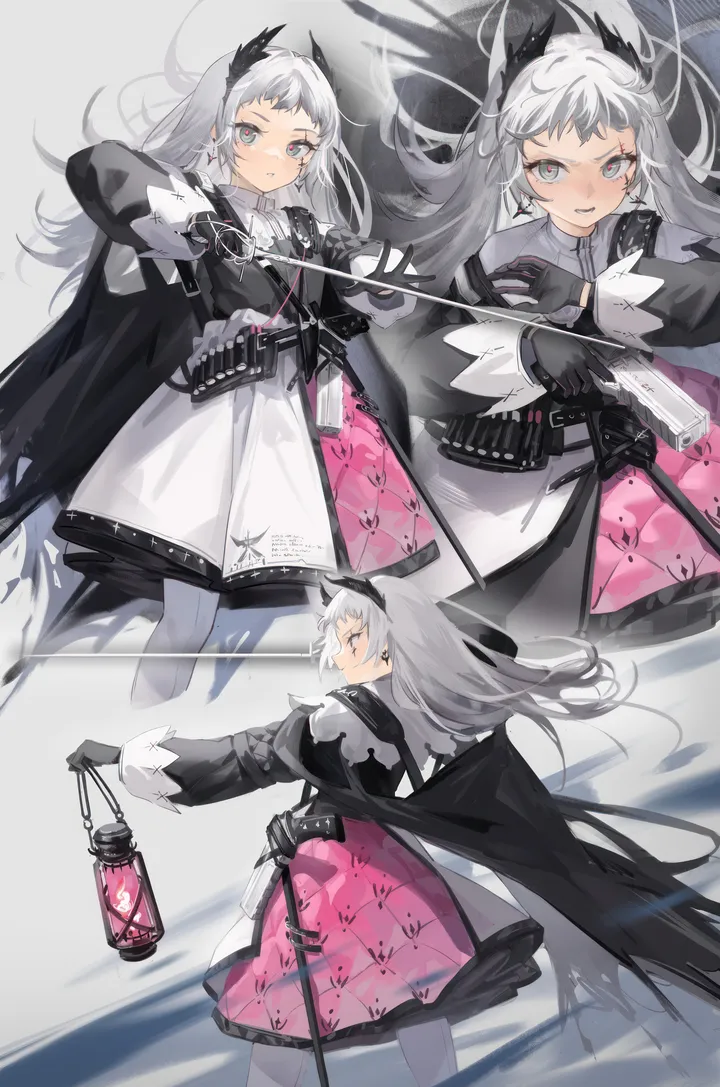 1girl,cowboy_shot,scar,layered_skirt,sword,sheath,closed_mouth,multiple_views,head_wings,jacket,capelet,ammunition_belt,very_long_hair,parted_lips,gloves,holding_sword,holding_weapon,holding_lantern,handgun,holding_gun,holding,gun,weapon,lantern,grey_hair,grey_eyes,jewelry,white_skirt,white_pantyhose,looking_at_viewer,scar_across_eye,skirt,vertical,pink_skirt,earrings,scar_on_face,puffy_sleeves,puffy_long_sleeves,rapier,pantyhose,long_hair,long_sleeves,black_jacket,black_gloves