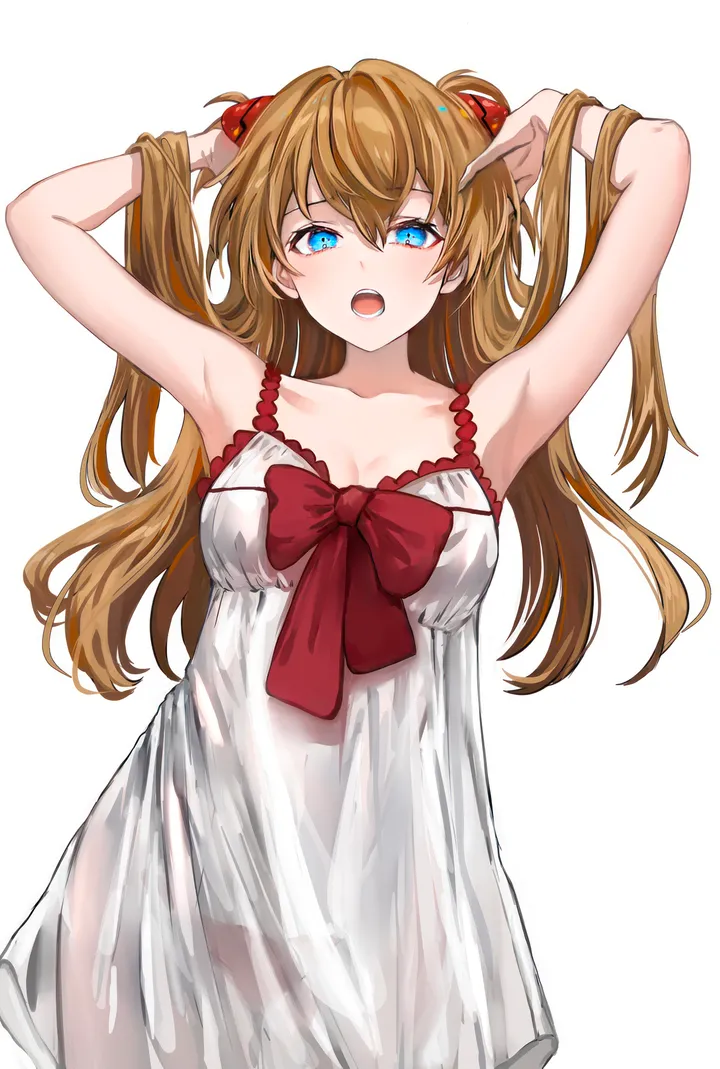 1girl,cowboy_shot,medium_breasts,arms_up,breasts,cleavage,underwear,panties,bangs,see-through,solo,hair_ornament,nightgown,two_side_up,hair_between_eyes,open_mouth,simple_background,brown_hair,teeth,hands_in_hair,white_background,white_dress,looking_at_viewer,vertical,red_bow,armpits,blue_eyes,bow,dress,collarbone,long_hair