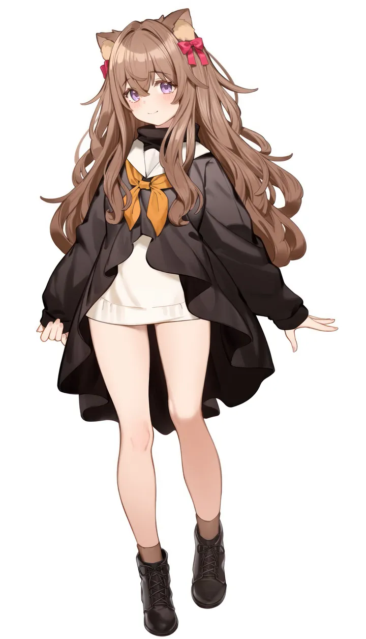 1girl,virtual_youtuber,neckerchief,full_body,animal_ears,bangs,solo,closed_mouth,simple_background,brown_hair,brown_socks,orange_neckerchief,sailor_dress,sailor_collar,white_sailor_collar,white_background,white_dress,looking_at_viewer,vertical,standing,smile,purple_eyes,red_bow,animal_ear_fluff,blush,puffy_sleeves,puffy_long_sleeves,bow,hair_bow,sleeves_past_wrists,socks,dress,long_hair,long_sleeves,boots,yellow_neckerchief,black_footwear