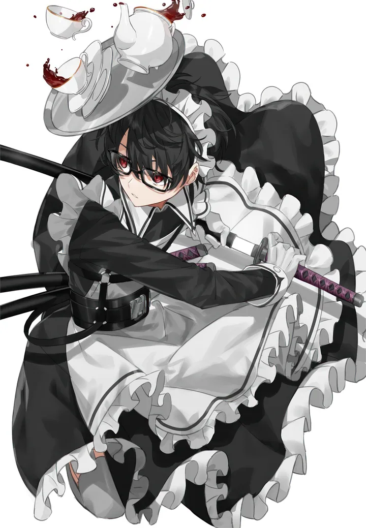 1boy,sheathed,scabbard,bangs,sword,sheath,solo,closed_mouth,apron,maid,maid_apron,maid_headdress,enmaided,crossdressing,hair_between_eyes,gloves,holding_sword,holding_weapon,tray,holding,katana,simple_background,cup,unsheathing,weapon,male_focus,white_apron,white_gloves,white_background,belt,glasses,short_hair,vertical,red_eyes,frills,frilled_apron,frilled_dress,tea,teapot,teacup,harness,thighhighs,dress,long_sleeves,black_hair,black_dress