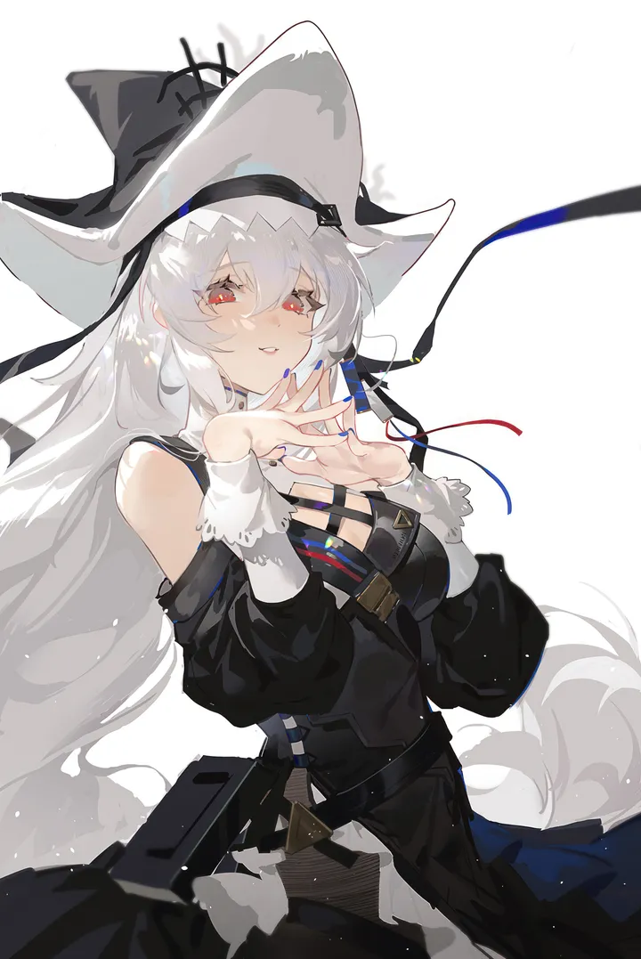 1girl,detached_sleeves,medium_breasts,breasts,cleavage,upper_body,bangs,solo,own_hands_together,hat,hair_between_eyes,very_long_hair,parted_lips,nail_polish,simple_background,grey_hair,white_hair,white_background,looking_at_viewer,vertical,smile,red_eyes,blue_nails,clothing_cutout,dress,long_hair,long_sleeves,cleavage_cutout,bare_shoulders,black_headwear,black_dress