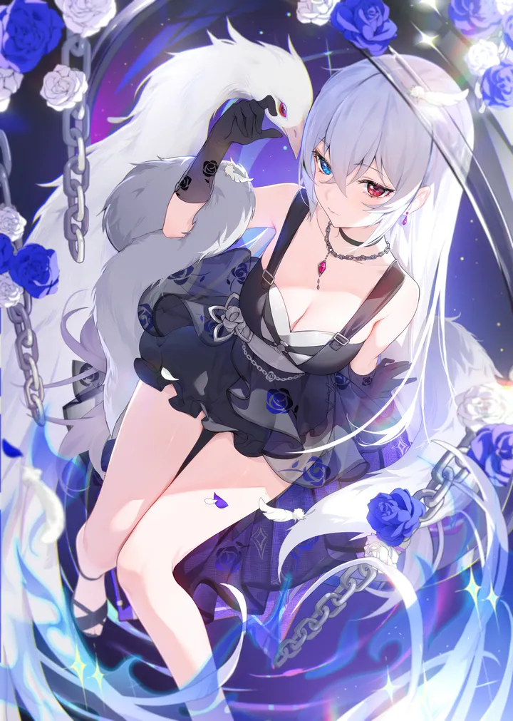 1girl,medium_breasts,breasts,cleavage,from_above,bangs,animal,solo,closed_mouth,sitting,gem,hair_between_eyes,heterochromia,very_long_hair,gloves,hand_up,sleeveless,sleeveless_dress,rose,jewelry,white_hair,white_rose,white_flower,white_snake,looking_at_viewer,vertical,smile,red_eyes,feathers,feather_boa,earrings,frilled_dress,blue_rose,blue_eyes,blue_flower,snake,large_breasts,short_dress,dress,chain,collarbone,long_hair,bare_shoulders,choker,necklace,high_heels,flower,black_gloves,black_dress,black_footwear,black_choker