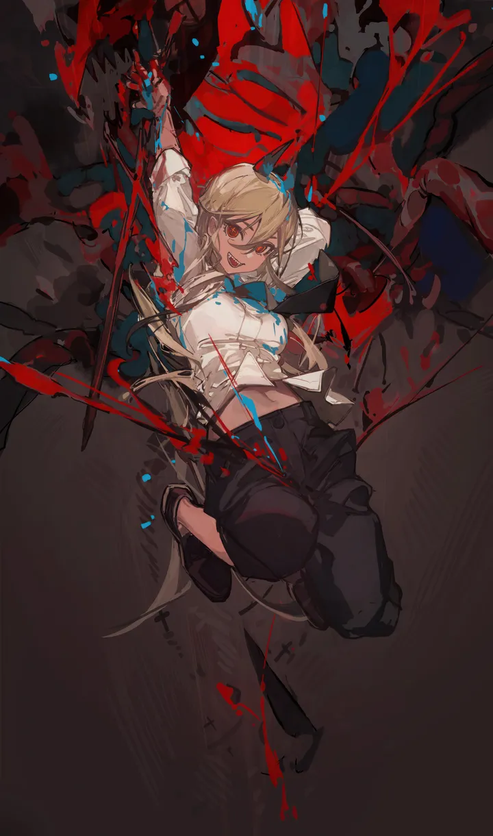 1girl,arms_up,cross-shaped_pupils,solo,hair_between_eyes,open_mouth,demon_horns,holding_weapon,holding,collared_shirt,weapon,teeth,white_shirt,looking_at_viewer,vertical,smile,symbol-shaped_pupils,red_eyes,red_horns,navel,blood,shirt,pants,horns,jumping,blonde_hair,long_hair,necktie,sharp_teeth,black_pants,black_footwear