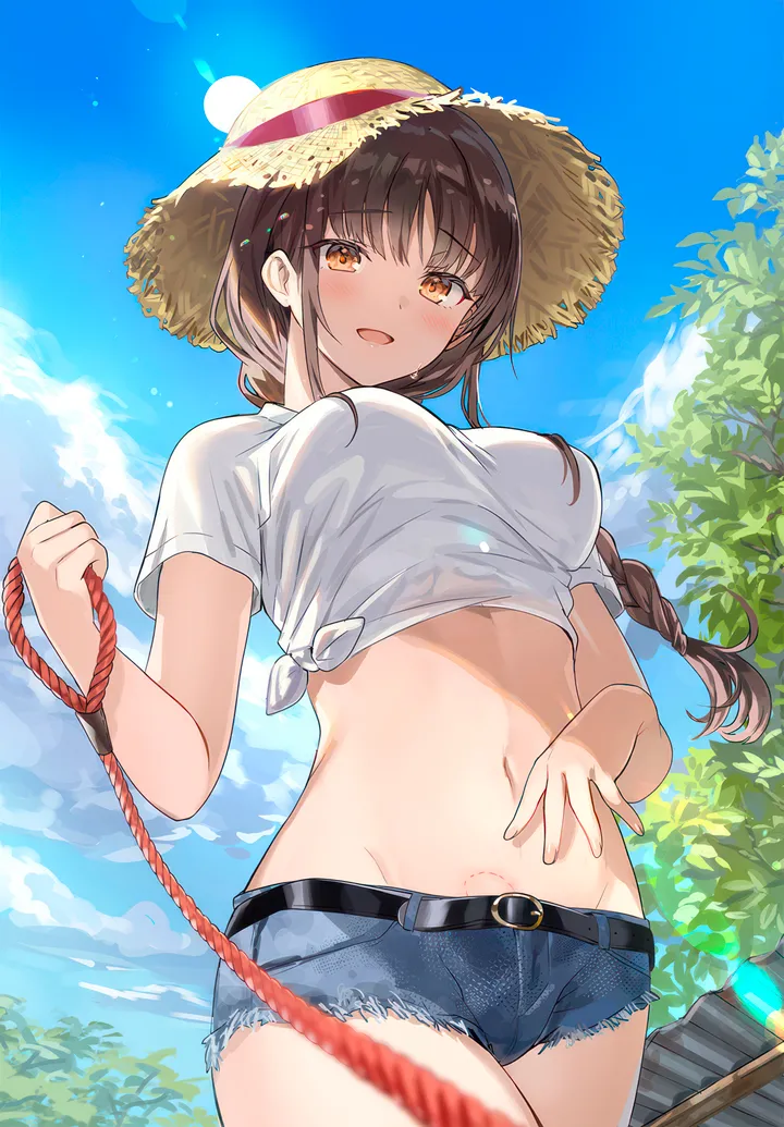 1girl,cowboy_shot,braid,medium_breasts,breasts,cloud,bangs,solo,thighs,sky,sun_hat,micro_shorts,stomach,hat,open_mouth,outdoors,hand_on_own_stomach,holding,brown_hair,brown_headwear,brown_eyes,orange_eyes,cutoffs,denim,denim_shorts,day,white_shirt,belt,looking_at_viewer,short_sleeves,shorts,vertical,standing,smile,short_shorts,rope,navel,blush,straw_hat,blue_sky,blue_shorts,shirt,large_breasts,long_hair,sunlight,midriff,crop_top