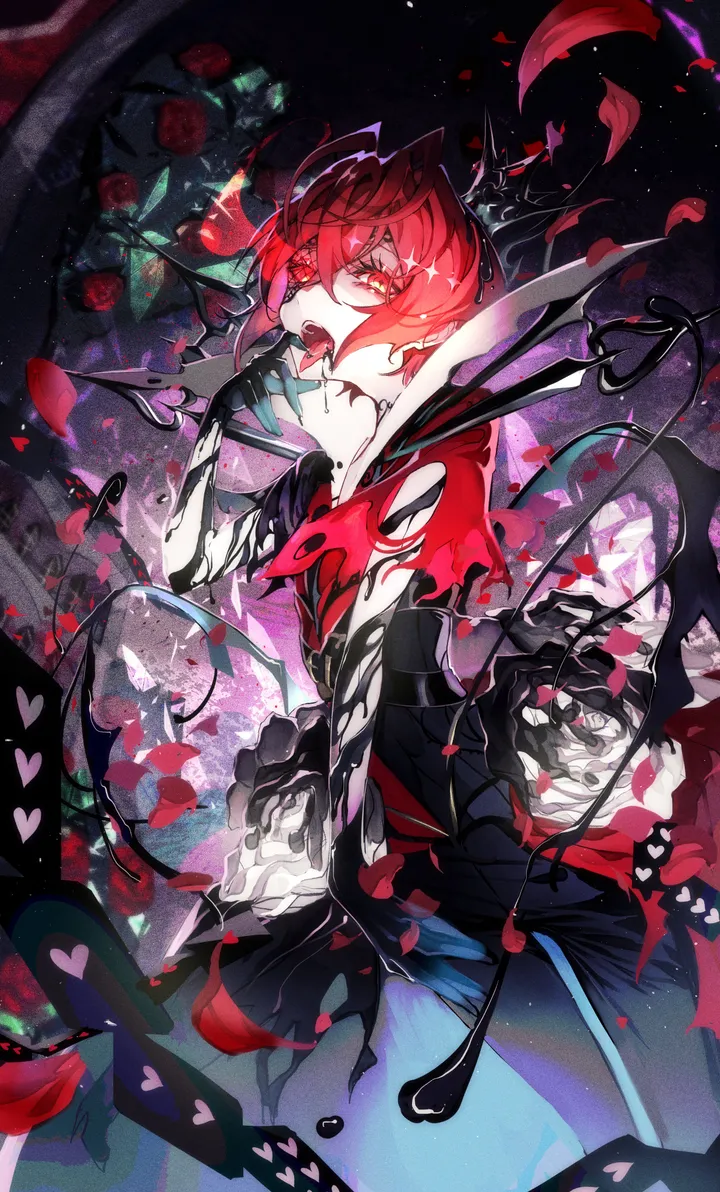 1boy,bangs,solo,tongue_out,open_mouth,heart,gloves,rose,rose_petals,male_focus,crown,looking_at_viewer,short_hair,vertical,red_hair,red_rose,red_eyes,red_flower,tongue,petals,thorns,flower