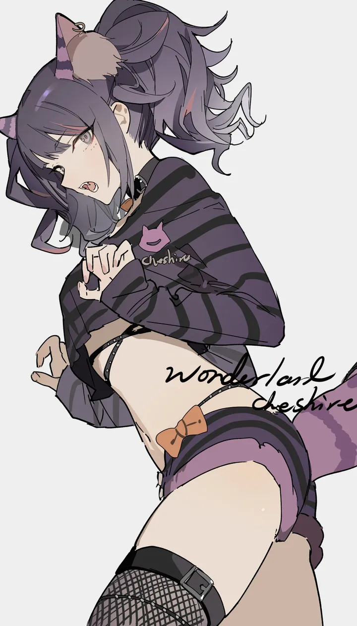 1girl,from_side,animal_ears,underwear,bangs,solo,twintails,multicolored_hair,tail,open_mouth,simple_background,striped,fishnets,grey_eyes,white_background,looking_at_viewer,shorts,vertical,short_shorts,purple_hair,navel,bow,shirt,thighhighs,long_sleeves,midriff,crop_top,choker,collar,fishnet_thighhighs,black_hair