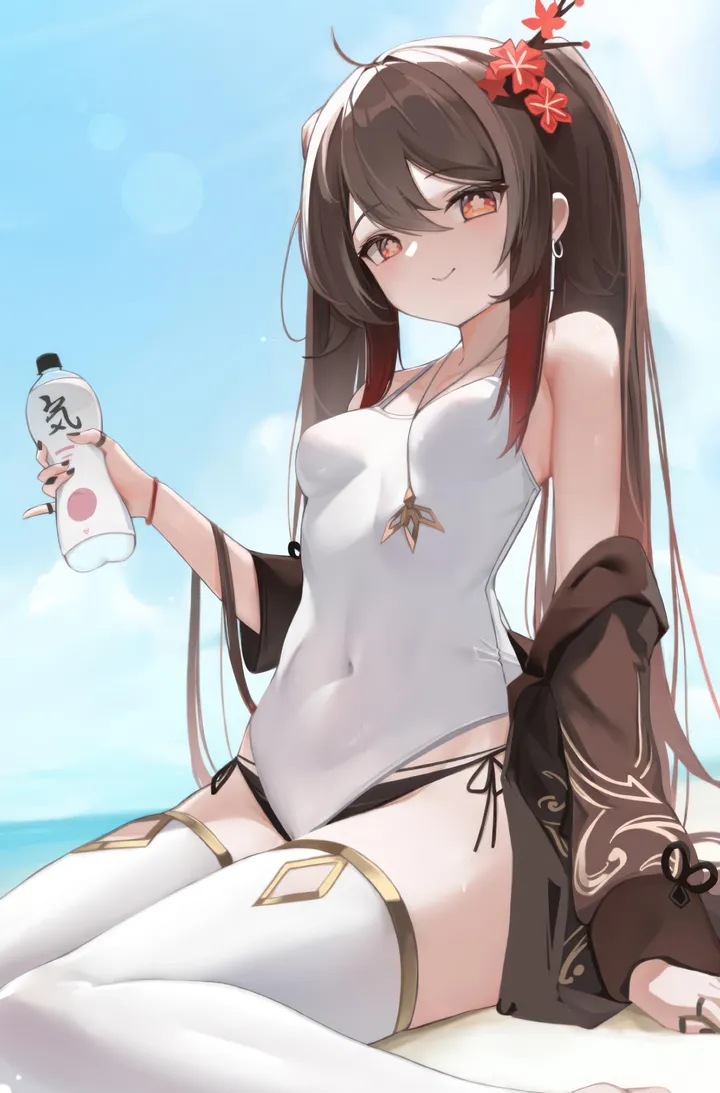 1girl,one-piece_swimsuit,side-tie_bikini_bottom,breasts,solo,twintails,ahoge,closed_mouth,sitting,multiple_rings,multicolored_hair,thighs,sky,hair_flower,hair_ornament,jacket,very_long_hair,ring,outdoors,holding,holding_bottle,nail_polish,plum_blossoms,brown_hair,brown_jacket,bikini,swimsuit,jewelry,bottle,day,white_thighhighs,white_one-piece_swimsuit,looking_at_viewer,alternate_costume,vertical,smile,symbol-shaped_pupils,red_hair,red_eyes,blush,flower-shaped_pupils,blue_sky,open_clothes,small_breasts,thighhighs,long_hair,long_sleeves,covered_navel,bare_shoulders,off_shoulder,flower,wariza,black_jacket,black_nails