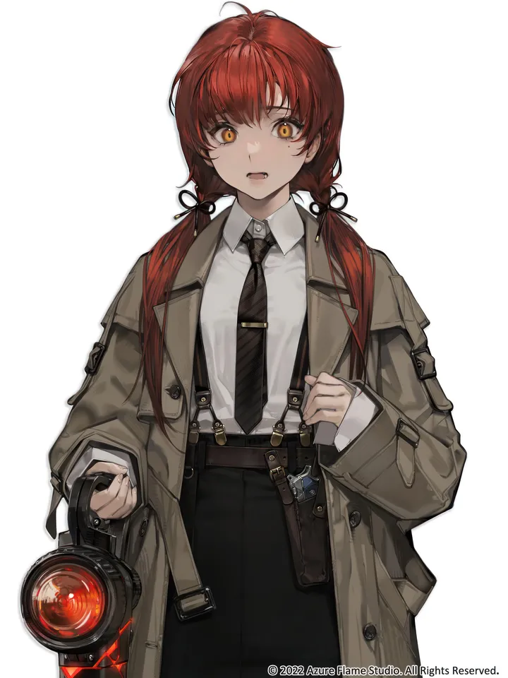 1girl,cowboy_shot,low_twintails,bangs,solo,twintails,coat,holding_lantern,holding,open_coat,collared_shirt,simple_background,striped_necktie,holstered_weapon,holster,brown_coat,orange_eyes,mole_under_eye,lantern,mole,white_background,white_shirt,looking_at_viewer,skirt,vertical,red_hair,suspenders,shirt,shirt_tucked_in,sleeves_past_wrists,open_clothes,long_hair,long_sleeves,necktie,black_skirt,black_necktie