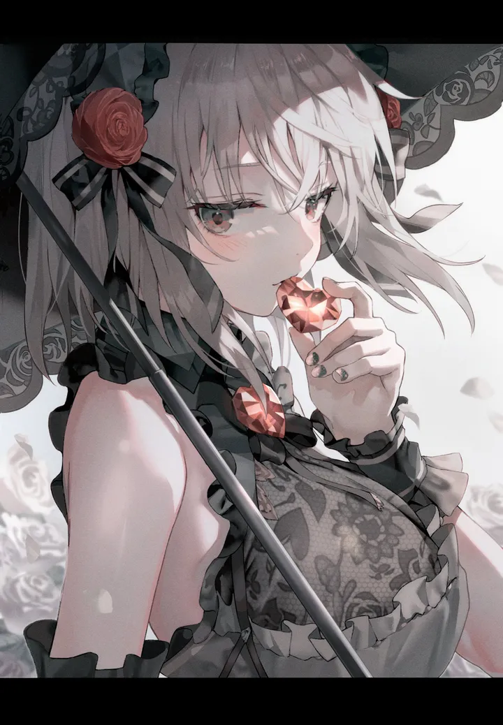 1girl,breasts,upper_body,from_side,bangs,solo,hair_flower,hair_ornament,gem,hair_between_eyes,holding,nail_polish,holding_umbrella,sleeveless,lolita_fashion,rose,letterboxed,white_hair,looking_at_viewer,short_hair,vertical,wrist_cuffs,red_rose,red_flower,blush,petals,frills,large_breasts,dress,umbrella,bare_shoulders,flower,black_nails