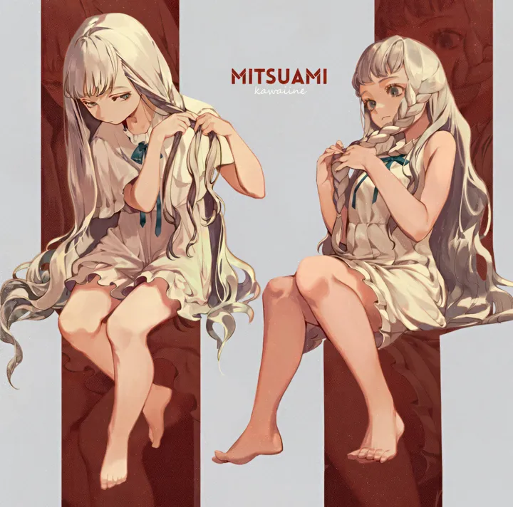 1girl,2girls,braid,ribbon,twin_braids,bangs,character_name,closed_mouth,sitting,multiple_girls,multiple_views,very_long_hair,sleeveless,sleeveless_dress,hairdressing,white_hair,white_dress,vertical,braiding_hair,zoom_layer,feet,bare_legs,barefoot,dress,long_hair