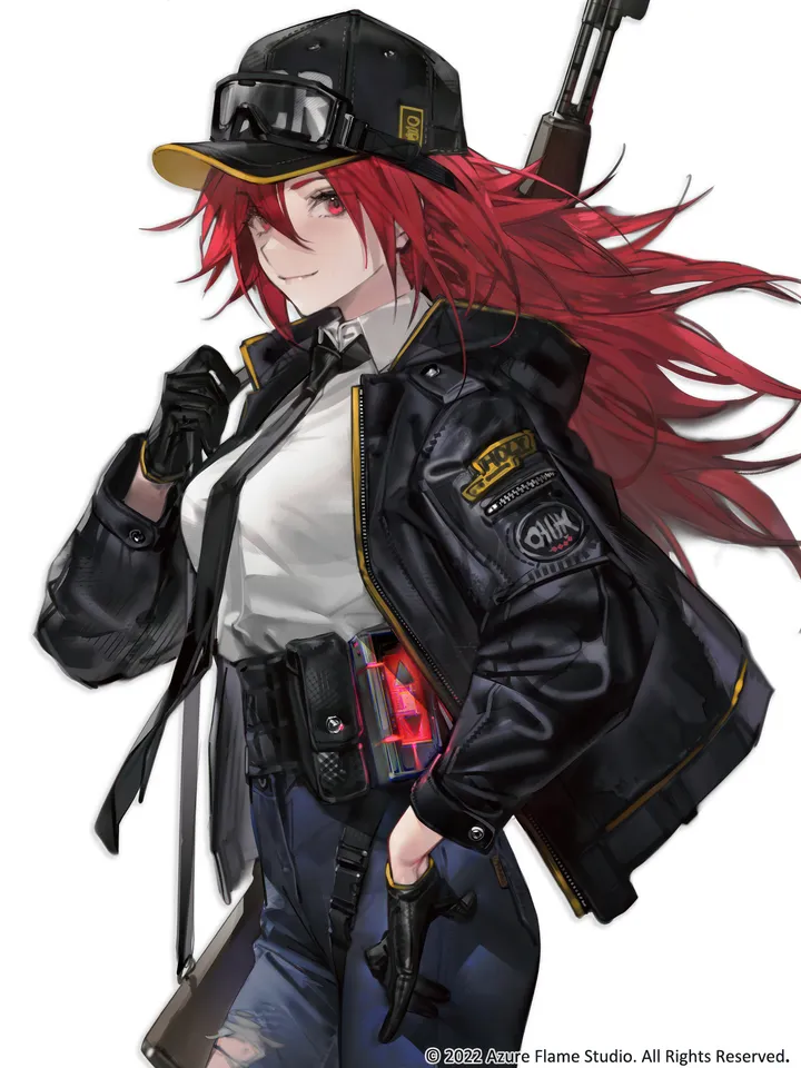 1girl,cowboy_shot,breasts,bangs,solo,closed_mouth,jacket,walkie-talkie,hat,hair_between_eyes,gloves,hand_in_pocket,goggles,hand_up,collared_shirt,simple_background,gun,baseball_cap,rifle,weapon,denim,jeans,white_background,white_shirt,belt,looking_at_viewer,torn_jeans,torn_clothes,torn_pants,vertical,smile,red_hair,red_eyes,earpiece,weapon_on_back,shirt,pants,open_jacket,open_clothes,pouch,long_hair,long_sleeves,necktie,black_headwear,black_jacket,black_gloves,black_necktie